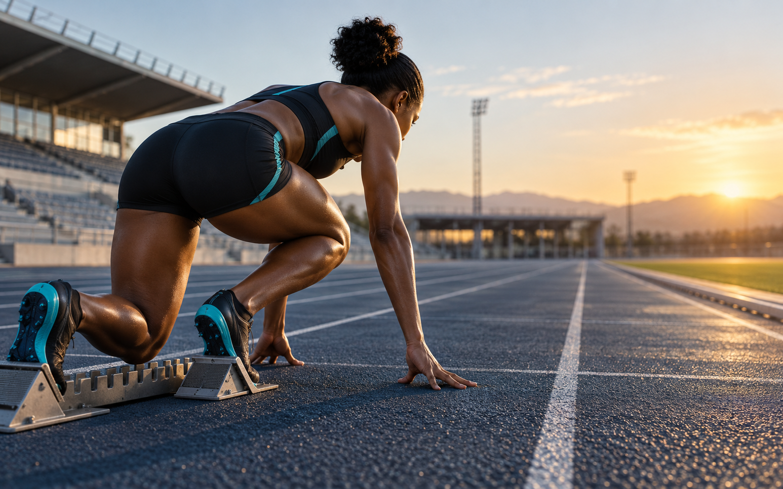 An elite sprinter poised in the starting blocks on an empty track